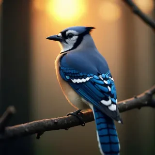 A close-up of a beautiful blue jay with intricate feather patterns, perched on a branch in a misty forest at sunrise, with golden light filtering through, photorealistic and detailed